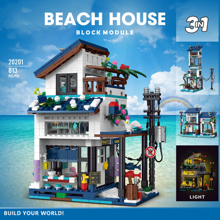 20201 3-in-1 Seaside Villa Building Blocks DIY Model Street View Desktop Decor Adult Collectible Gift Birthday Holiday