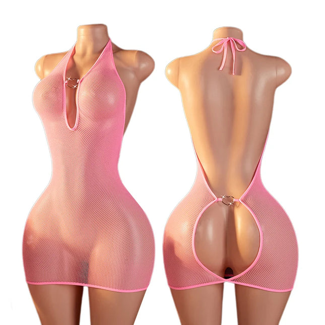 See Through Pink Sexy Women's Tight Mesh Dress Temptation Backless Shoulder Strap Hollow Out Bodysuit Skirt Erotic Clothing