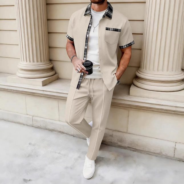 2026 New Men's 2 Piece Outfit Waffle Knit Short Sleeve Shirt & Pants Set Casual Streetwear Tracksuit