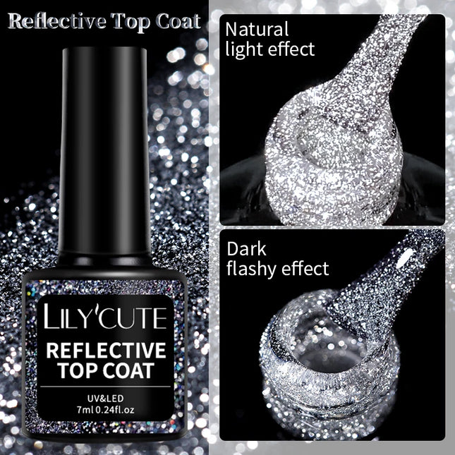 LILYCUTE 7ml Reflective Top Coat Reflective Glitter Gel Nail Polish Semi Permanent Soak Off UV Gel Nail Art Design For Manicure