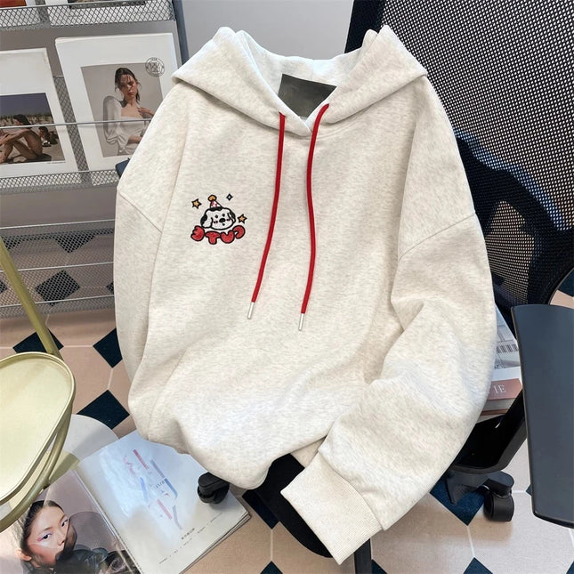 Preppy Style Cute Sweet Hoodie Women's Autumn Winter Stylish Cartoon Dogs Embroidered Hooded Sweatshirt Kawaii Pullovers