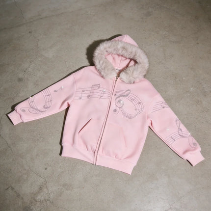 Women's Casual Daily Outerwear Pink Embellished Music Score Print Faux Fur Trim Hooded Full Zip Sweatshirt 2026
