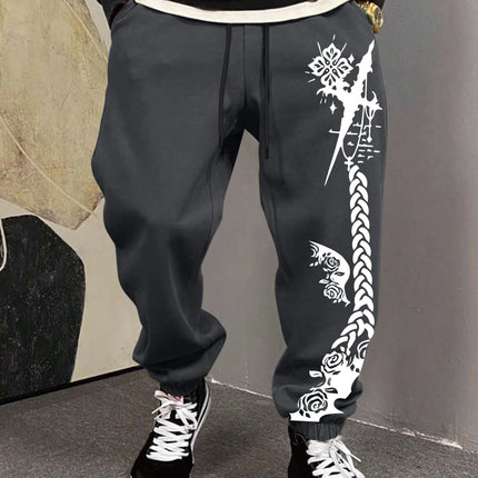 Men's Gothic Thorn Cross Rose Braid Vertical Print Sweatpants Elastic Waist Soft Fabric Dark Punk Street Hip Hop Joggers
