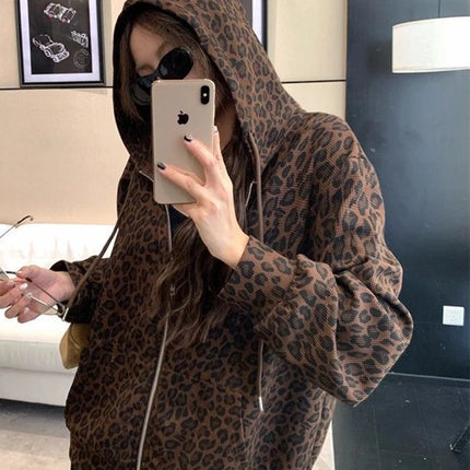 Women Y2K Leopard Hoodies Streetwear Loose Harajuku Retro Sweatshirts Hip Hop Fall American Vintage Female Long Sleeve Tops New