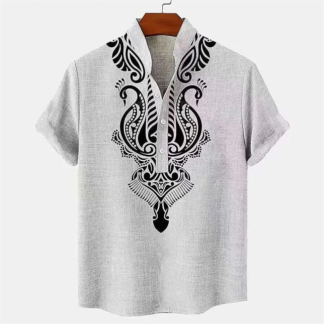 Men's shirt ethnic style 3D printing henley shirt, men's fashion button down collar short sleeve, high quality men's tops