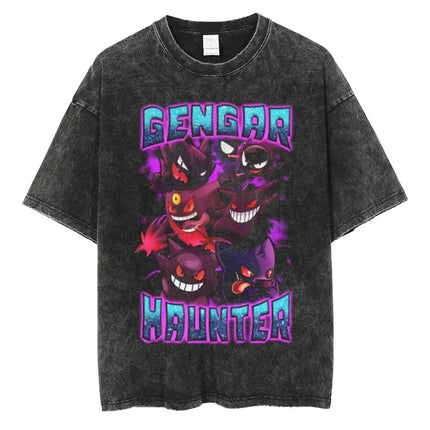 Pokemon Gastly Haunter Gengar T Shirt Men 2026 Summer Vintage Acid Wash Oversized Tee Japanese Anime Streetwear Hip Hop Harajuku