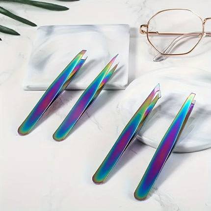 Colorful Stainless Steel 4pcs Eyebrow Tweezers 4 Pcs Set Colored Titanium Coating Trimming and Hair Removal Tweezer