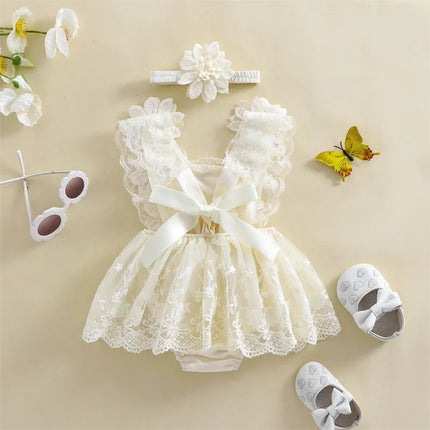 0-24 Months Baby Girl Romper Dress Outfit Flower Embroidery Tie-Up Mesh Bodysuits Bow Headband 2 Piece Summer Set