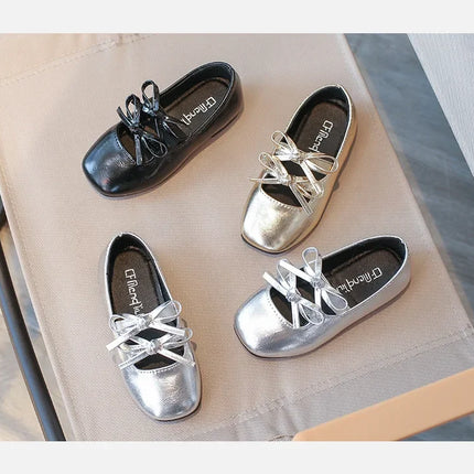 Kids Dance Performance Shoes Square Black Solid Color Girls Princess Shoe with Double Bow 2024 New Girls Leather Shoes Soft Sole