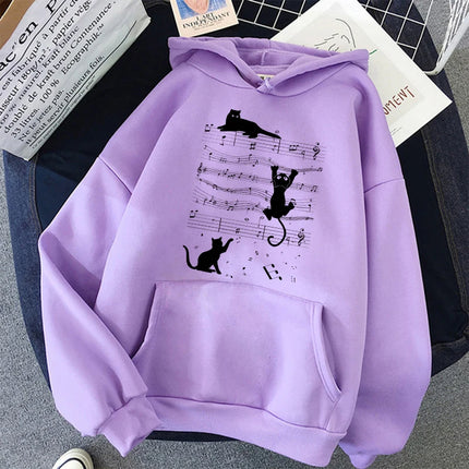 Kawaii Music Cat Design Printed kangaroo Pocket Hoodies Clothes Women's Casual Hooded Sweatshirts Graphic Gothic Y2k Streetwear