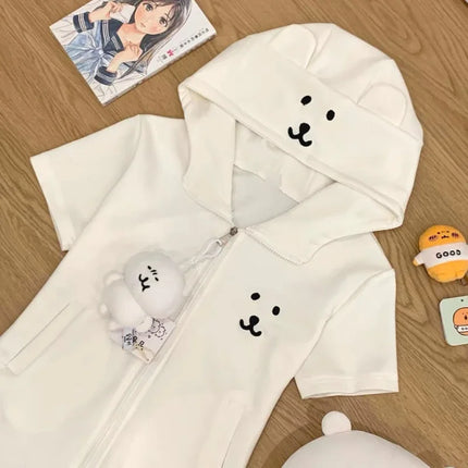 Deeptown Japanese Style Kawaii Hoodies Women Cartoon Lolita Short Sleeve Sweatshirt Cutecore Oversize Casual Zipper Cardigan