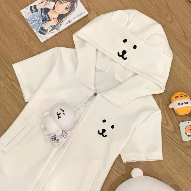 Deeptown Japanese Style Kawaii Hoodies Women Cartoon Lolita Short Sleeve Sweatshirt Cutecore Oversize Casual Zipper Cardigan