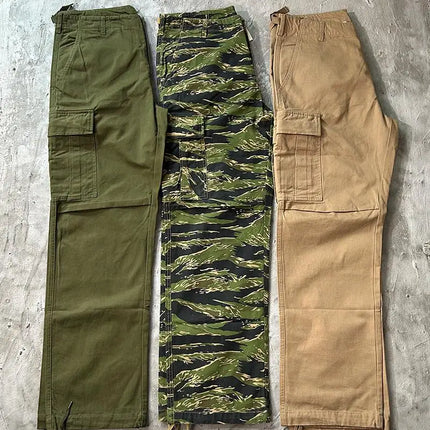 100% Cotton Dense Thick American Retro M-65 Workwear Pants Tiger Pattern Camouflage M51 Multi Pocket Green Loose Straight Pants