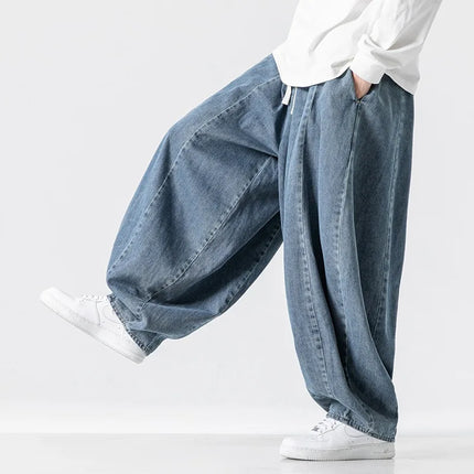 New retro loose harem pants men's hip-hop denim wide leg pants men's solid color straight leg pants jeans elastic waist pants me