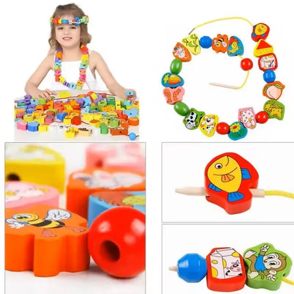Montessori Educational Stringing Threading Wooden Beads Toys Cartoon Fruit Animal DIY Early Learning Toy for Kids Christmas Gift