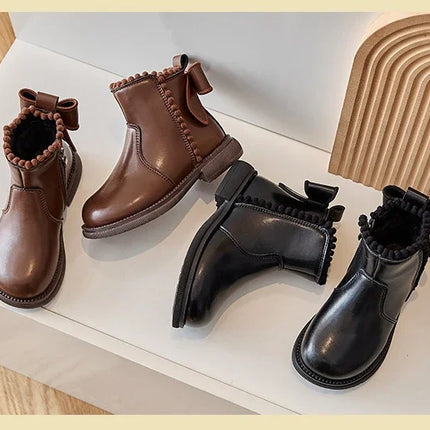 Girls Ankle Boots with Back Bow-knot Kids Short Boots Soft Sole 2025 New Girls' Princess Leather Boots with Warm Cotton Side Zip