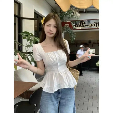 Summer Slim Fit Women's Shirt Large Size Polka Dot Square Collar Short Sleeve Back Gathered Waist Cinching Casual Top