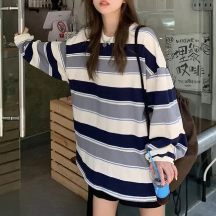Women's Autumn T-shirt Striped Top Sweatshirt 2024 Korean Fashion Long-sleeved T-shirt Spliced Loose Couple Oversized Hoodie