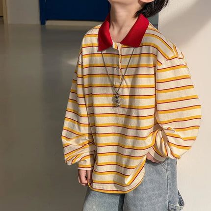 2026 New Kids Stripe Polo Shirt Spring 1-12Y Boys Cotton Soft Orange Color Blocking Casual Long Sleeve Top Children Clothes