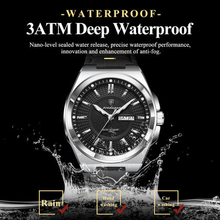 POEDAGAR Trendy Sport Men's Wristwatch Waterproof Luminous Date Week Business Fashion Men's Quartz Watches Leather Men's Watch Reloj