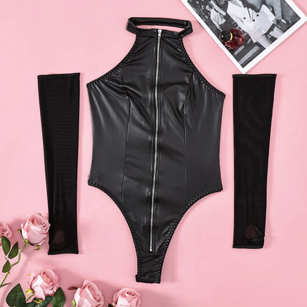 Sexy Open Crotch Leather Bodysuit For Women Zipper Latex Lingerie Halter Leather Mesh Bodysuit Shaping Teddies with Gloves Set