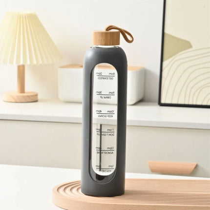 New 32oz 1L Time-marked Glass Water Bottles Bamboo Lid Free of Lead Motivational Sport Silicone Sleeve Portable Drink BottleGift