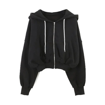 Autumn Winter Short Sweatshirt for Women Solid Hooded Sports Zipper Cropped Jacket Woman Fashion High Waist Loose-Fit Hoodies