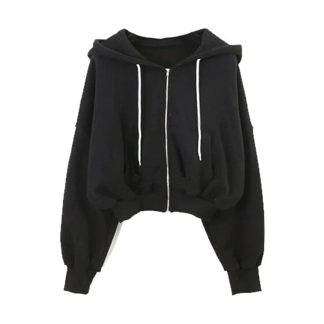 Autumn Winter Short Sweatshirt for Women Solid Hooded Sports Zipper Cropped Jacket Woman Fashion High Waist Loose-Fit Hoodies