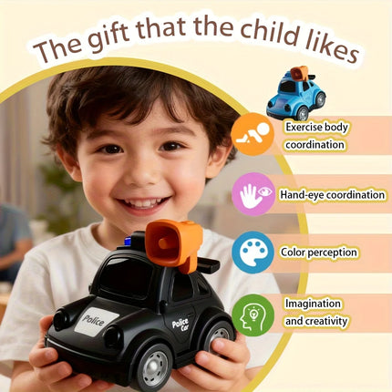 Random Color Cartoon Inertia Police Car Toy, Flexible Moving Parts, 360° Rotation, Cute Interactive Toy for Boys Girls.
