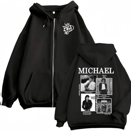 King of Pop Michael Jackson Bad Era Zipper Hoodie Men Women Harajuku Streetwear Jacket Sweatshirt Fleece Casual Zip Up Pullovers