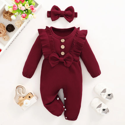 Baby girl Clothing Solid Color Ruffled Ribbed Long sleeved Jumpsuit 0-18 Months old Baby Girl Spring and Autumn Crawling Suit