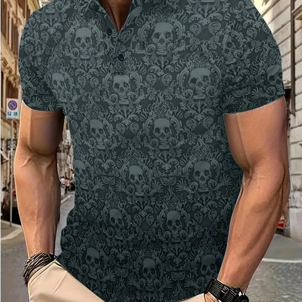 2026 Summer New Style Men's Short-Sleeved Polo Shirt - Street Casual Fashion Comfortable Breathable 3D Skull Pattern Print
