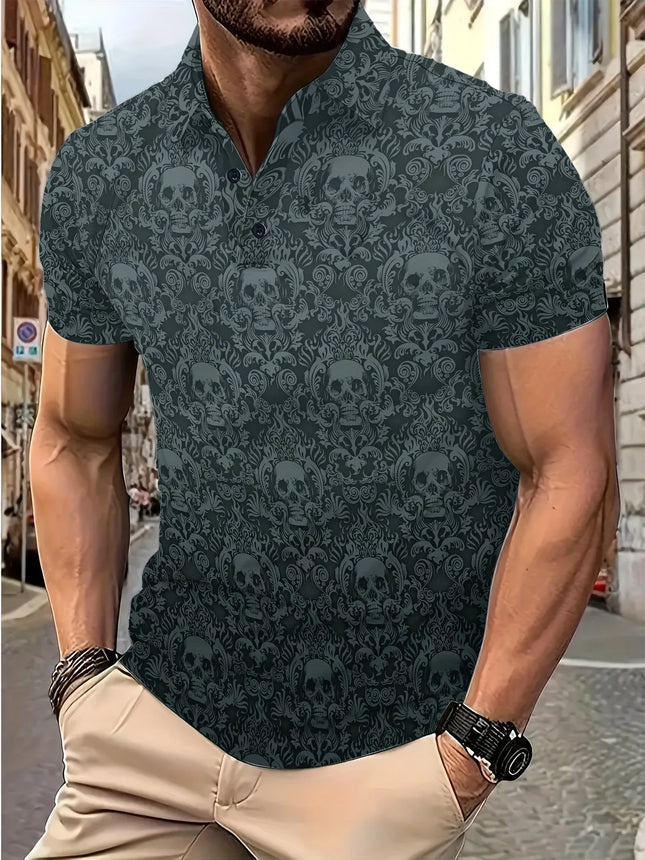 2026 Summer New Style Men's Short-Sleeved Polo Shirt - Street Casual Fashion Comfortable Breathable 3D Skull Pattern Print