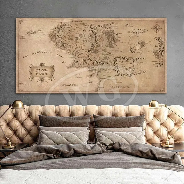 Retro The Lord of the Rings Map Canvas Painting Vintage Middle-earth Map Poster Movie Wall Art Pictures for Home Living Room Decor