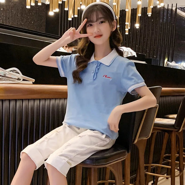 Girls' summer short sleeved polo shirt top, lapel baseball jersey, tennis jersey, cotton medium to large children's striped shir