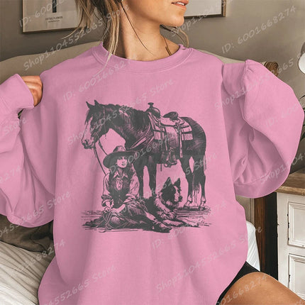 Women Oversized Sweatshirt, Cowgirls Horse & Dog Print Crew Neck Sweatshirts Casual Long Sleeve Plus Size Hoodless Pullovers