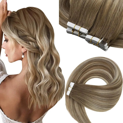 VeSunny Tape in Hair Extensions Human Hair Balayage Color Real Natural Hair Skin Weft Straight Seamless Remy Hair Extensions
