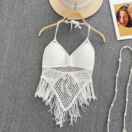 Knitted Tassels Hollow Out Tank Camis for Women Bohemian Style Halter Sleeveless Sexy Femme Corset Crop Tops Beach Tank Camisoles