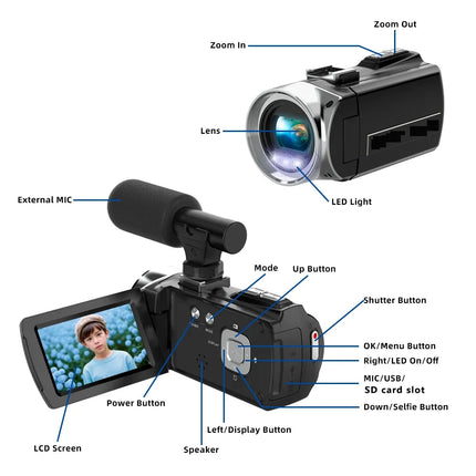 4K Camcorder with Microphone 18X Zoom Infrared Vlogging Video Camera for Youtube 48MP Portable Digital Recorder Live Streaming