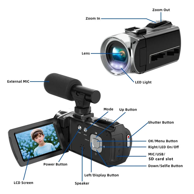 4K Camcorder with Microphone 18X Zoom Infrared Vlogging Video Camera for Youtube 48MP Portable Digital Recorder Live Streaming