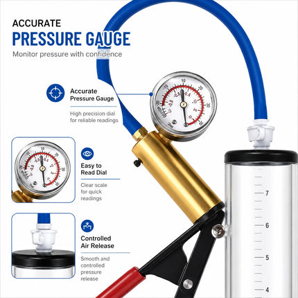 Male Vacuum Pump Sex Toy with Clear Measuring Cylinder Blue Hose Red Handle Gauge and Man Masturbation Training Device