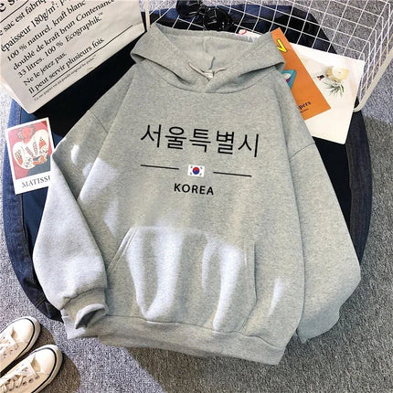 Seoul Korea Print Hoodie Woman High Quality Hoode Long Sleeve Pullover Fall Winter Female Daily Casual Sport Loose Sweatshirt