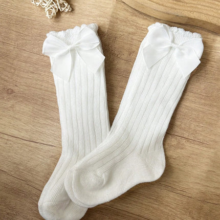 2 Pairs Girls Socks with Side Bowknots Decoration,Fashion Soft and Breathable Non-Slip Princess Stockings for 0-72 Months Babies
