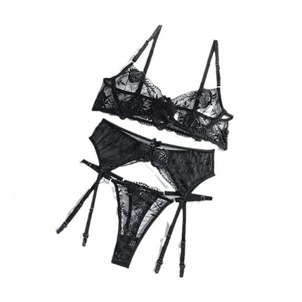 Sexy Butterfly Embroidery Lingerie Set 3 Piece Mesh Lace Bra Panty Garter Belt Women's Erotic Intimate Underwear
