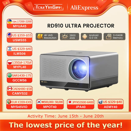 Touyinger 2800ANSI RD910 Ultra 8K  4K Full HD Projector  3G 64G Home Theater WiFi Android TV Cinema RD910 Ultra Beam Projector