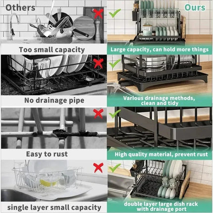 Metal 2 Tier Dish Drainer Rack Kitchen Countertop Tableware Organizer With Removable Drip Tray For Home Daily Use