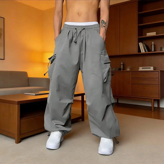 Men Baggy Cargo Pants Solid Color Pants Loose Fit Jogger Trousers With Side Pockets American Style Male Street Outdoor Sports