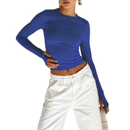 Basic Crewneck Casual Crop Tops for Women Y2K Solid Skinny Long Sleeve Slim Fit Stretchy Cropped Tees T-Shirts with Thumb Holes