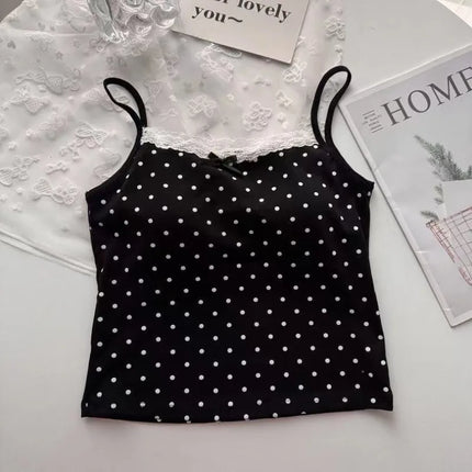 Women Summer Sweet Polka Dot Lace Edge Tank Tops Bow New Inner Layer Bottom Shirt With Bra Pad Slim Backless Sexy Basic Crop Top