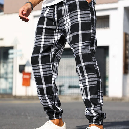 Men's Plaid Print Cuffed Casual Trousers Comfortable Sleepwear Pajamas Pants for Relaxed Style